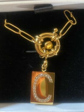 Gold-Tone Pavé Horseshoe Charm Toggle Necklace with initial C.